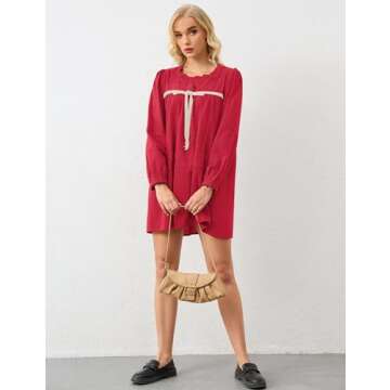 Burtell Women Flowy Long Puff Sleeve Mini Dress Casual Square Neck Lace Embroidered Babydoll Dress Bow Tie A-line Tunic Dress