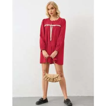 Burtell Women Flowy Long Puff Sleeve Mini Dress Casual Square Neck Lace Embroidered Babydoll Dress Bow Tie A-line Tunic Dress
