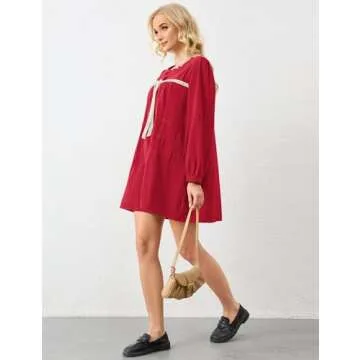 Burtell Women Flowy Long Puff Sleeve Mini Dress Casual Square Neck Lace Embroidered Babydoll Dress Bow Tie A-line Tunic Dress