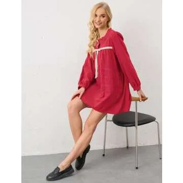 Burtell Women Flowy Long Puff Sleeve Mini Dress Casual Square Neck Lace Embroidered Babydoll Dress Bow Tie A-line Tunic Dress