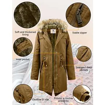 Uoiuxc Women's Hooded Winter Coat Warm Fleeced Lined Parka Long Jackets (Khaki,Small)