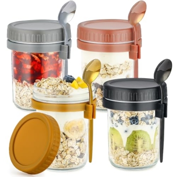 DRKIO 4 Pack Overnight Oats Containers with Lids and Spoons for Healthy Meal Prep