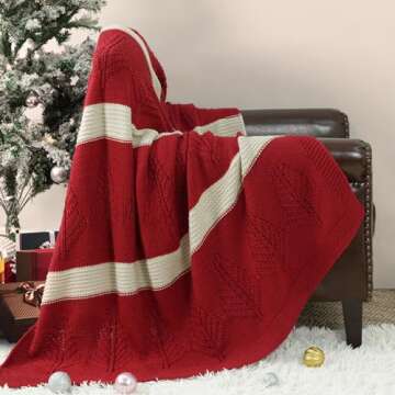 Amélie Home Knit Throw Blanket Red Striped Leaf Texture Blankets Soft Cozy Farmhouse Decorations for Couch Bed Sofa Living Room, 50'' x 60''