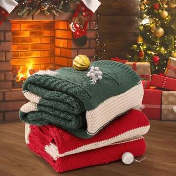 Amélie Home Knit Throw Blanket Red Striped Leaf Texture Blankets Soft Cozy Farmhouse Decorations for Couch Bed Sofa Living Room, 50'' x 60''