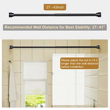 SZXIMU Spring Tension Curtain Rod 27-43 Inch, Never Rust and Non-Slip Shower Curtain Rods with Brushed Metal Round Finial, Black