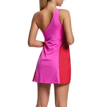 KuaCua Womens Tennis Dress,One Shoulder Workout Athletic Golf Dresses with Shorts and Bra Active Exercise Dress with Pockets