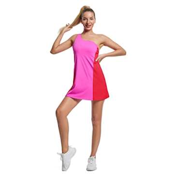 KuaCua Womens Tennis Dress,One Shoulder Workout Athletic Golf Dresses with Shorts and Bra Active Exercise Dress with Pockets