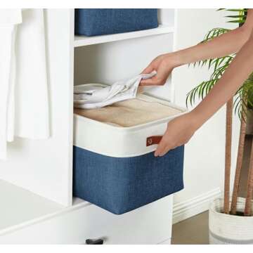 DECOMOMO Storage Bins Fabric Storage Baskets for Shelves, Linen Closet Organization Toys Nursery (Navy Blue and White, Large - 3 Pack)