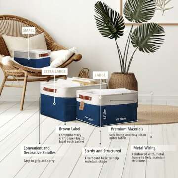 DECOMOMO Storage Bins Fabric Storage Baskets for Shelves, Linen Closet Organization Toys Nursery (Navy Blue and White, Large - 3 Pack)