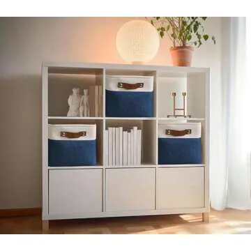 DECOMOMO Storage Bins Fabric Storage Baskets for Shelves, Linen Closet Organization Toys Nursery (Navy Blue and White, Large - 3 Pack)