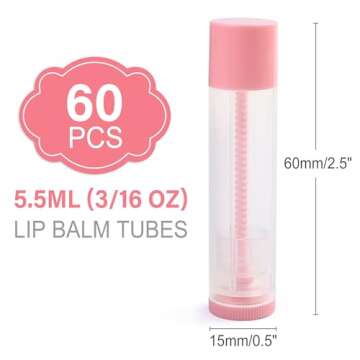 LotFancy Lip Balm Tubes Empty, 60PCS 5.5ml (3/16 Oz), Clear Lip Balm Container Tubes with Pink Caps, BPA Free & Leak Free, Refillable