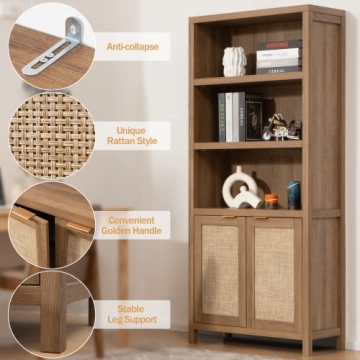 SICOTAS Bookcase - 5 Tier Rattan Wood Bookshelf for Home