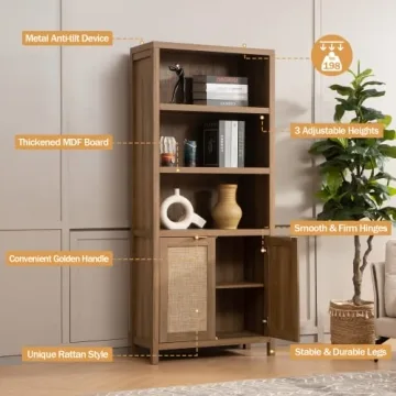SICOTAS Bookcase - 5 Tier Rattan Wood Bookshelf for Home
