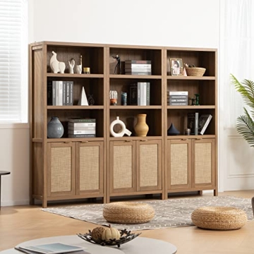 SICOTAS Bookcase - 5 Tier Rattan Wood Bookshelf for Home