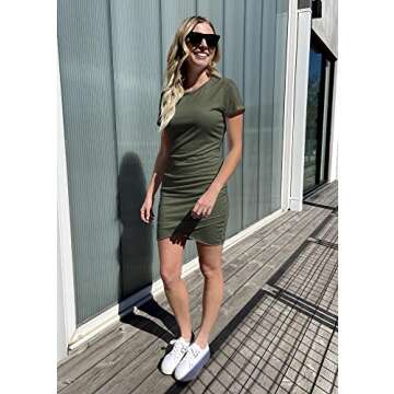 BTFBM Women's 2024 Summer Casual Beach Dresses Crew Neck Short Sleeve Wrap Party Club Mini Ruched Bodycon T Shirt Dress(Solid Army Green, Small)