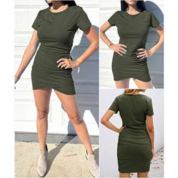 BTFBM Women's 2024 Summer Casual Beach Dresses Crew Neck Short Sleeve Wrap Party Club Mini Ruched Bodycon T Shirt Dress(Solid Army Green, Small)