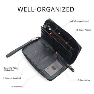 Travel Document Organizer RFID Blocking Leather Multiple Passport Wallet Family Holder Id Wrist Strap(Black)