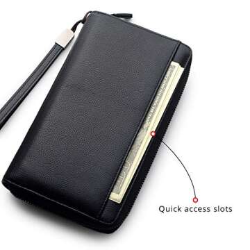 Travel Document Organizer RFID Blocking Leather Multiple Passport Wallet Family Holder Id Wrist Strap(Black)