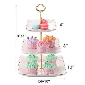 Sumerflos 3-Tier Square Porcelain Cake Stand, White Rimmed with Gold Embossed Cupcake Dessert Stand ...
