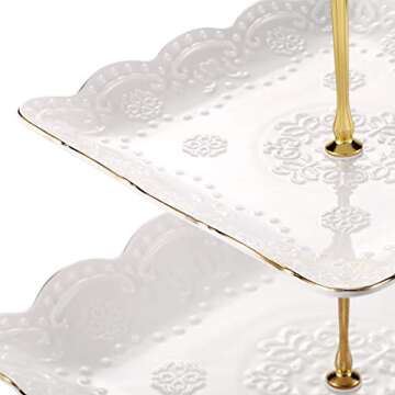 Sumerflos 3-Tier Square Porcelain Cake Stand, White Rimmed with Gold Embossed Cupcake Dessert Stand - Tiered Serving Tray for Tea Party and Show