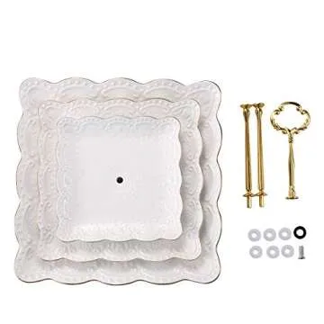 Sumerflos 3-Tier Square Porcelain Cake Stand, White Rimmed with Gold Embossed Cupcake Dessert Stand - Tiered Serving Tray for Tea Party and Show