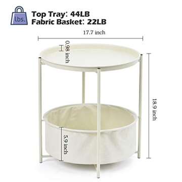 TOOLF End Table, Metal Nightstand, Sofa Side Snack Table, Coffee Round Table with Detachable Tray Top and Fabric Storage Basket, Scandi Style Table for Living Room Bedroom (Cream)