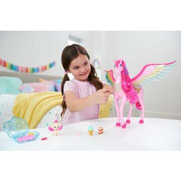 Barbie Doll Toys, Pegasus Pink Winged Horse Toy with 10 Accessories Including Puppy & Barrettes, Ins...