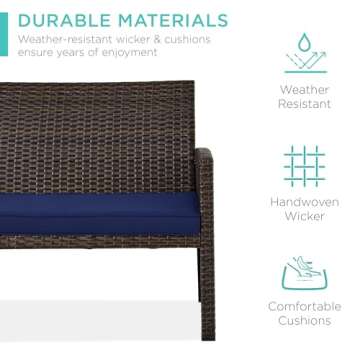 Best Choice Products 4-Piece Outdoor Wicker Patio Conversation Furniture Set for Backyard w/Coffee Table, Seat Cushions - Brown/Navy