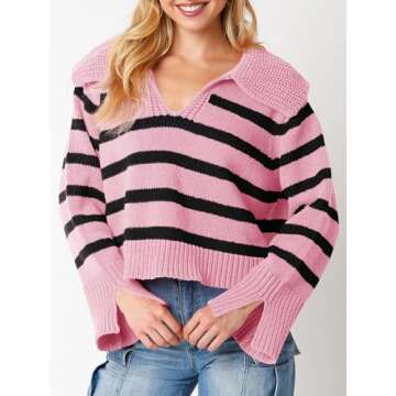 Saodimallsu Women’s Striped Sweater V Neck Collared Fall Trendy Knitted Long Sleeve Loose Pullover...