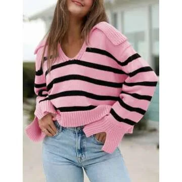 Trendy V Neck Striped Sweater for Women in Pink