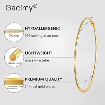 Gacimy Large Big Gold Hoop Earrings for Women 14K Gold Plated, 925 Sterling Silver Post Gold hoops for Women, 70mm Yellow Gold Hoop Earrings for Women