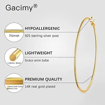 Gacimy Large Big Gold Hoop Earrings for Women 14K Gold Plated, 925 Sterling Silver Post Gold hoops for Women, 70mm Yellow Gold Hoop Earrings for Women