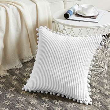 Fancy Homi Pack of 2 White Boho Decorative Throw Pillow Covers with Pom-poms, Soft Corduroy Solid Sq...