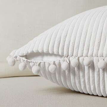 Fancy Homi Pack of 2 White Boho Decorative Throw Pillow Covers with Pom-poms, Soft Corduroy Solid Square Cushion Cases Set for Couch Living Room Bedroom Sofa Car (18x18 Inch/45x45 cm, Pure White)