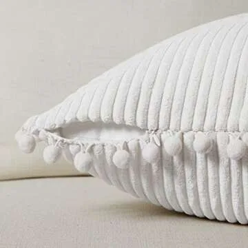 Fancy Homi Pack of 2 White Boho Decorative Throw Pillow Covers with Pom-poms, Soft Corduroy Solid Square Cushion Cases Set for Couch Living Room Bedroom Sofa Car (18x18 Inch/45x45 cm, Pure White)