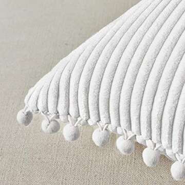 Fancy Homi Pack of 2 White Boho Decorative Throw Pillow Covers with Pom-poms, Soft Corduroy Solid Square Cushion Cases Set for Couch Living Room Bedroom Sofa Car (18x18 Inch/45x45 cm, Pure White)