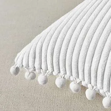Fancy Homi Pack of 2 White Boho Decorative Throw Pillow Covers with Pom-poms, Soft Corduroy Solid Square Cushion Cases Set for Couch Living Room Bedroom Sofa Car (18x18 Inch/45x45 cm, Pure White)