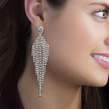 Steve Madden Silver Tone Rhinestone Fringe Chandelier Earrings For Women