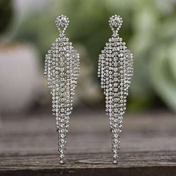 Steve Madden Silver Tone Rhinestone Fringe Chandelier Earrings For Women