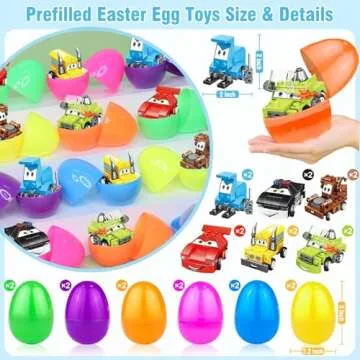 12 Pack 3" Large Prefilled Easter Eggs with Stem Toy Cars Kids Easter Basket Essential Plastic Surpr...
