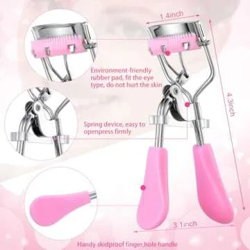 17 Pcs Eyelash Curlers Kit Lash Curler Eyelash Comb Seperator Extension Tweezers Eyebrow Brush Scissors False Eyelashes Applicator Eyebrow Trimmer Silicone Refills Pads for Women(Pink)