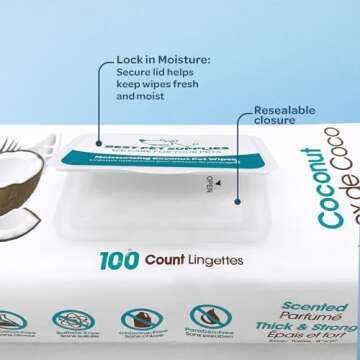 Best Pet Supplies 8" x 9" Pet Grooming Wipes for Dogs & Cats, 100 Pack, Plant-Based Deodorizer for Coats & Dry, Itchy, or Sensitive Skin, Clean Ears, Paws, & Butt - Moisturizing Coconut