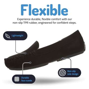 Floopi Women Slippers Moccasins, Soft Faux Fur Lining with Cozy Memory Foam, Ladies House Slippers for Women with Indoor & Outdoor Anti-Skid Sole(9, Black-323)