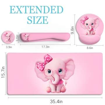 LIMKRIAN Elephant Mouse Pad Desk Mat Set, Kawaii Gaming Ergonomic Mouse Pad with Wrist Support Wrist Rest for Computer Keyboard Cup Coaster, Cute Pink Elephant Office Supplies Desk Decor Accessories