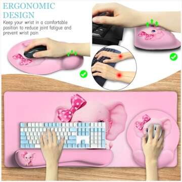 LIMKRIAN Elephant Mouse Pad Desk Mat Set, Kawaii Gaming Ergonomic Mouse Pad with Wrist Support Wrist Rest for Computer Keyboard Cup Coaster, Cute Pink Elephant Office Supplies Desk Decor Accessories