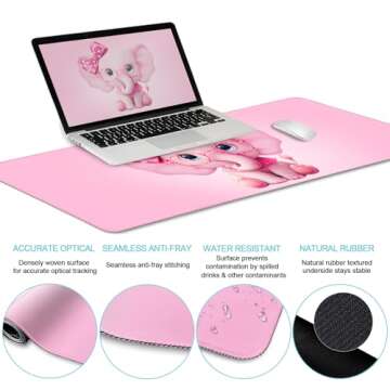 LIMKRIAN Elephant Mouse Pad Desk Mat Set, Kawaii Gaming Ergonomic Mouse Pad with Wrist Support Wrist Rest for Computer Keyboard Cup Coaster, Cute Pink Elephant Office Supplies Desk Decor Accessories