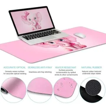 LIMKRIAN Elephant Mouse Pad Desk Mat Set, Kawaii Gaming Ergonomic Mouse Pad with Wrist Support Wrist Rest for Computer Keyboard Cup Coaster, Cute Pink Elephant Office Supplies Desk Decor Accessories
