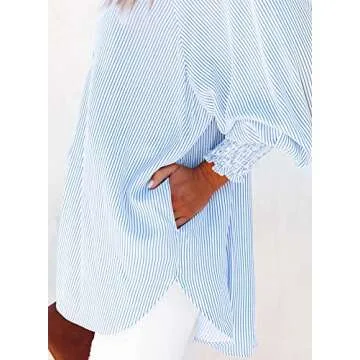 Women's Smocked Cuffed Striped Boyfriend Shirt with Pocket Casual Collar Long Sleeve Blouse Tops for Pocket Shirred Blue