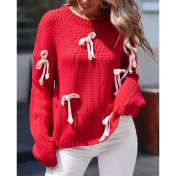 Saodimallsu Womens Bow Sweater Chunky Knit Crew Neck Long Sleeve Y2k Drop Shoulder Pullover Jumpers Red