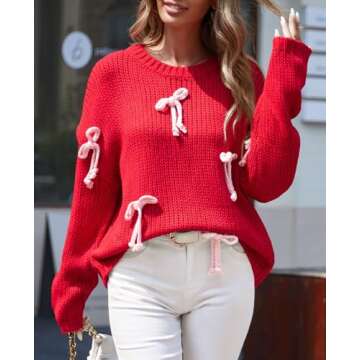 Saodimallsu Womens Bow Sweater Chunky Knit Crew Neck Long Sleeve Y2k Drop Shoulder Pullover Jumpers Red